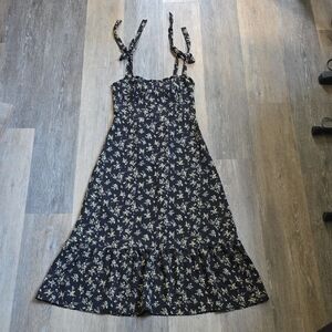 O.P.T Chic Black Floral Midi Dress with Ruffle Hem